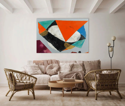 Peinture Collage géométrique Scandinave corail et turquoise