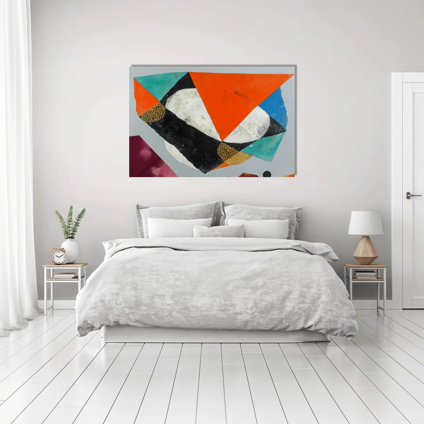 Peinture Collage géométrique Scandinave corail et turquoise