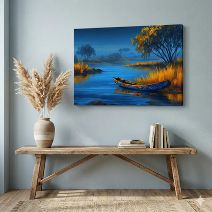 Peinture Déco Africaine - pirogue au bord du fleuve