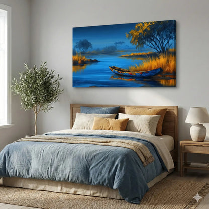 Peinture Déco Africaine - pirogue au bord du fleuve