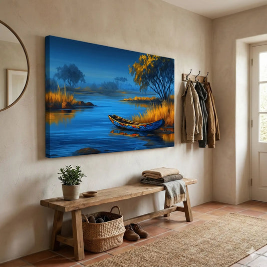 Peinture Déco Africaine - pirogue au bord du fleuve