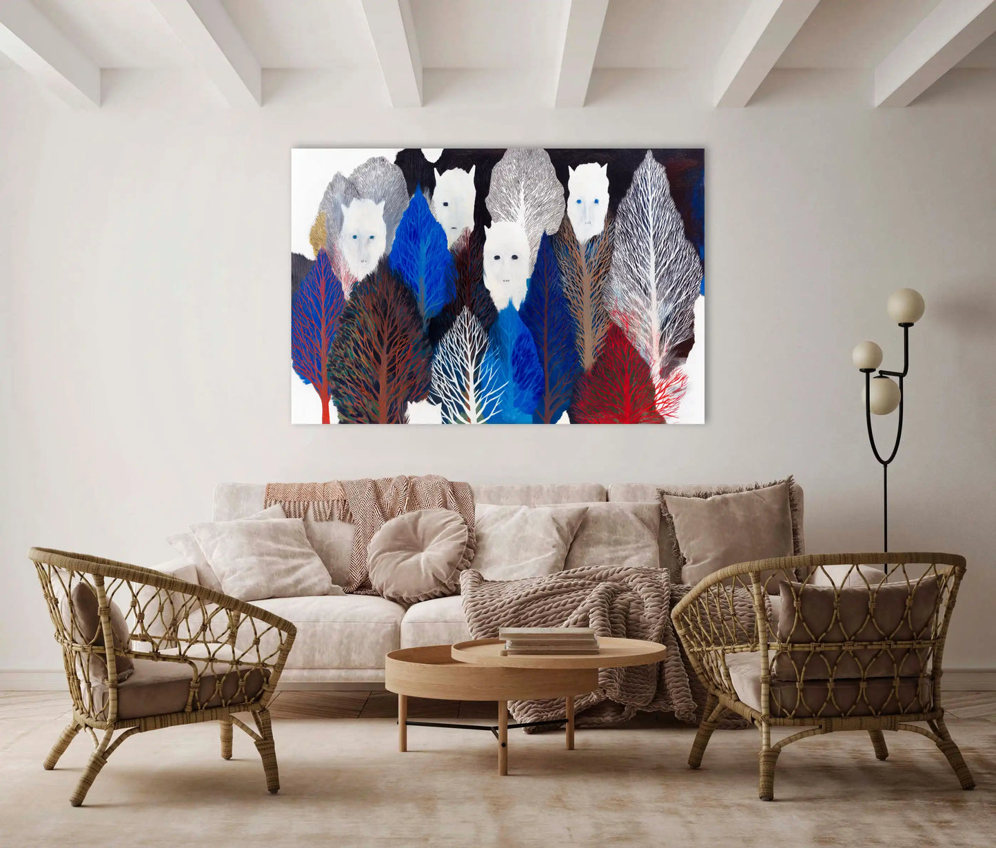 Peinture Forêt crépusculaire mythique – silhouettes et ramures de givre