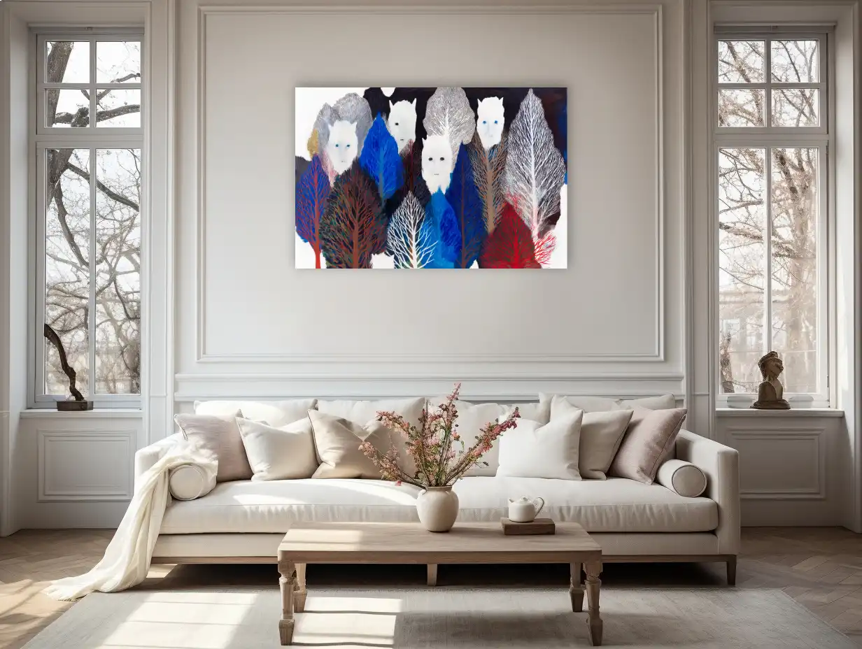 Peinture Forêt crépusculaire mythique – silhouettes et ramures de givre