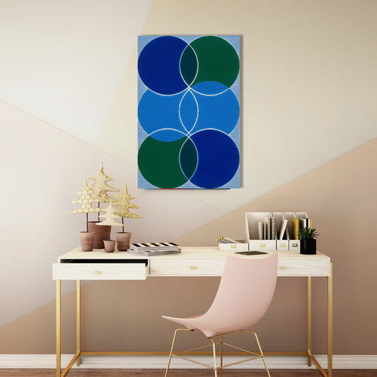 Peinture Minimaliste aux Cercles Entrelacés en Bleu et Vert
