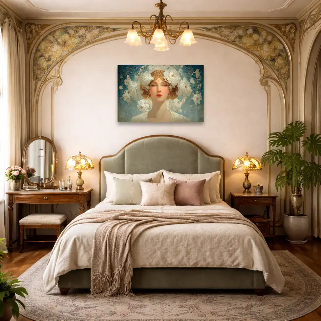 Muse mit Chrysanthemen – Jugendstil-Porträt – Kunstdruck