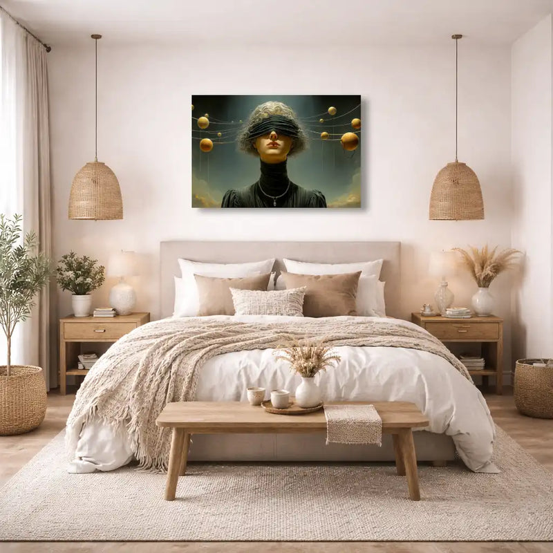 Gesicht mit Augenbinde und goldfarbenen Kugeln