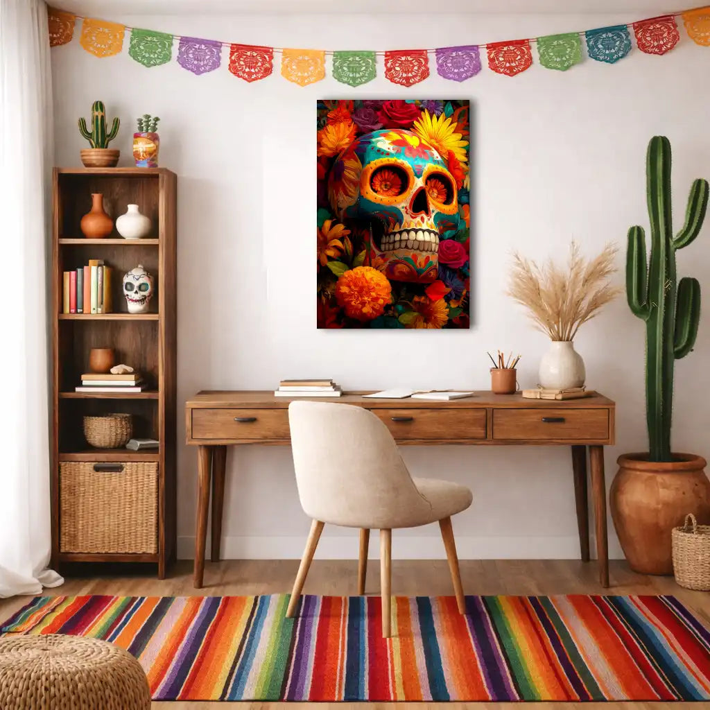 Blumengeschmückter Totenkopf – Mexikanische Vanitas – Kunstdruck