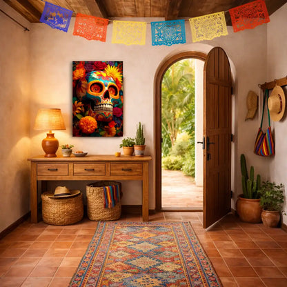 Blumengeschmückter Totenkopf – Mexikanische Vanitas – Kunstdruck