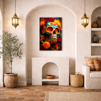 Blumengeschmückter Totenkopf – Mexikanische Vanitas – Kunstdruck