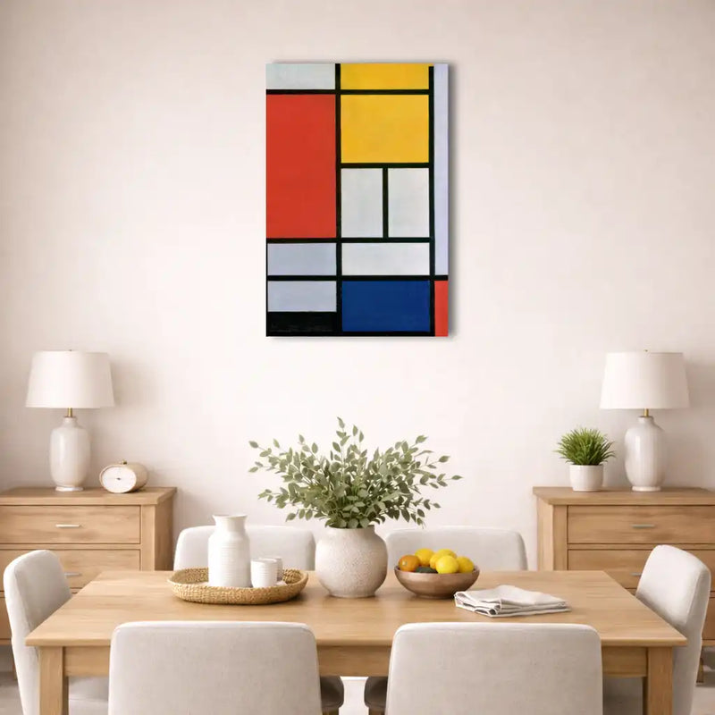 Senkrechtes Mondrian-Leinwandbild mit rotem gelbem und blauem Raster