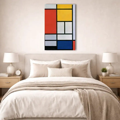 tableau néoplasticisme vertical toile détail texture rectangles rouges jaune bleu noir ambiance chambre minimaliste