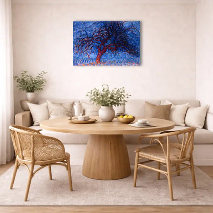 tableau abstrait arbre rouge aux branches flamboyantes sur fond bleu cobalt indigo ambiance intense horizontale