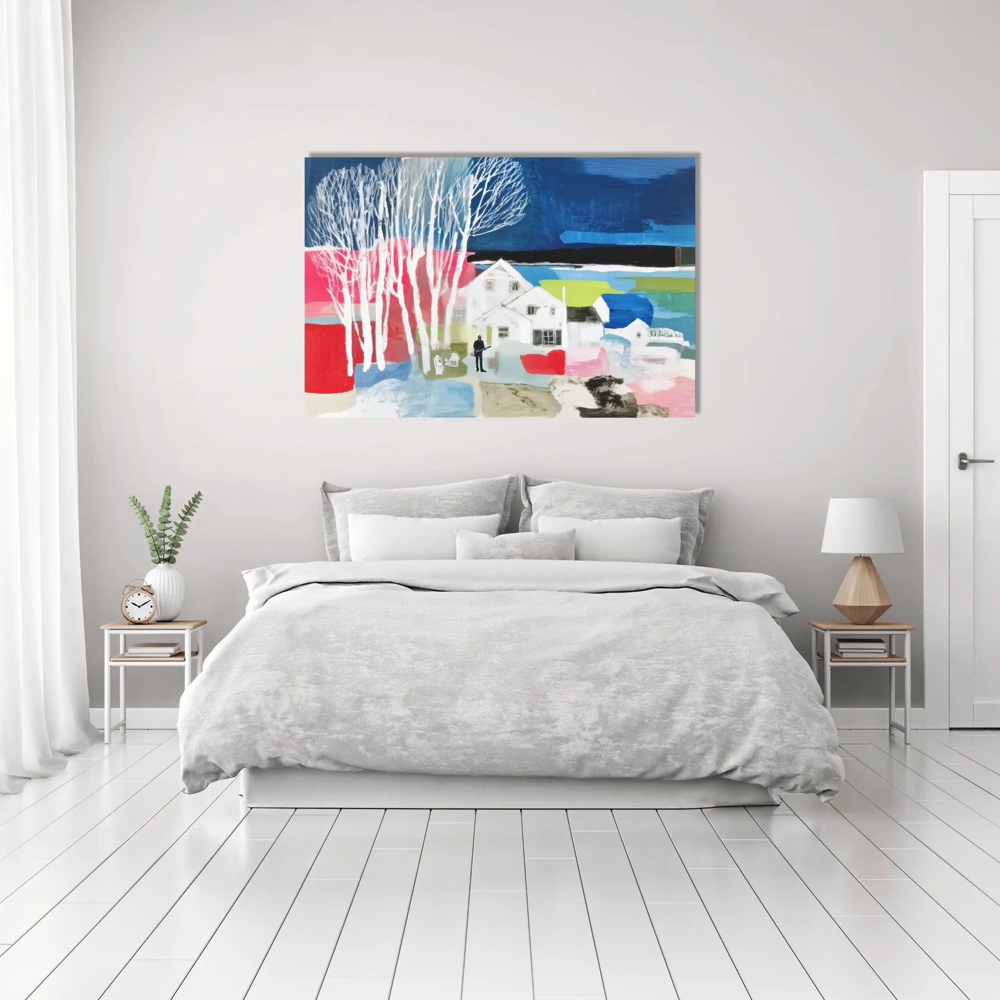 Toile Hygge électro – maison blanche aux bouleaux fluo