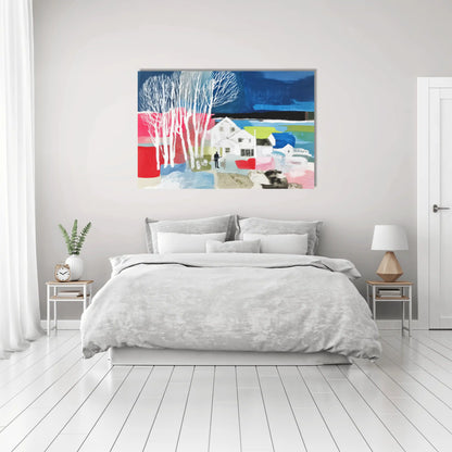 Toile Hygge électro – maison blanche aux bouleaux fluo