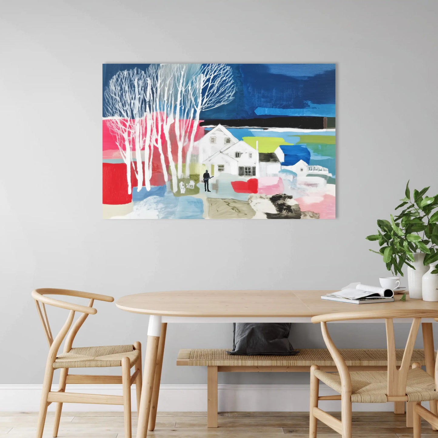 Toile Hygge électro – maison blanche aux bouleaux fluo