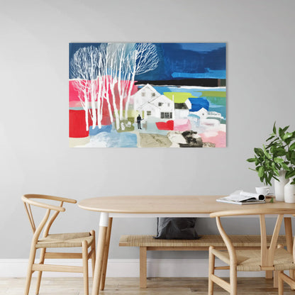 Toile Hygge électro – maison blanche aux bouleaux fluo