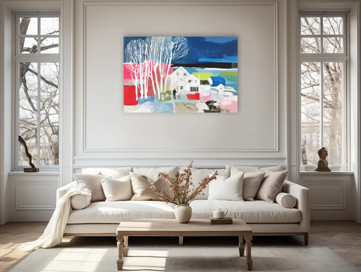 Toile Hygge électro – maison blanche aux bouleaux fluo