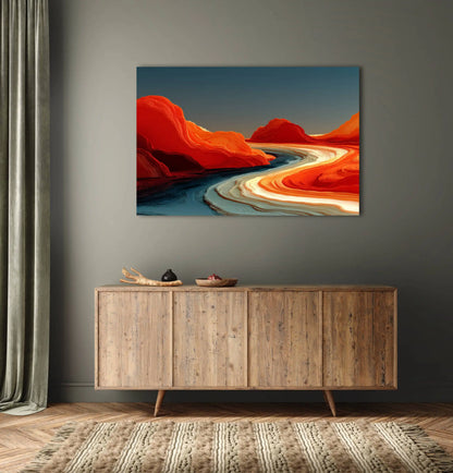 Tableau Abstrait Lignes Terre Cuite – Méandres flamboyants sous ciel cobalt