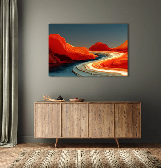 Tableau Abstrait Lignes Terre Cuite – Méandres flamboyants sous ciel cobalt