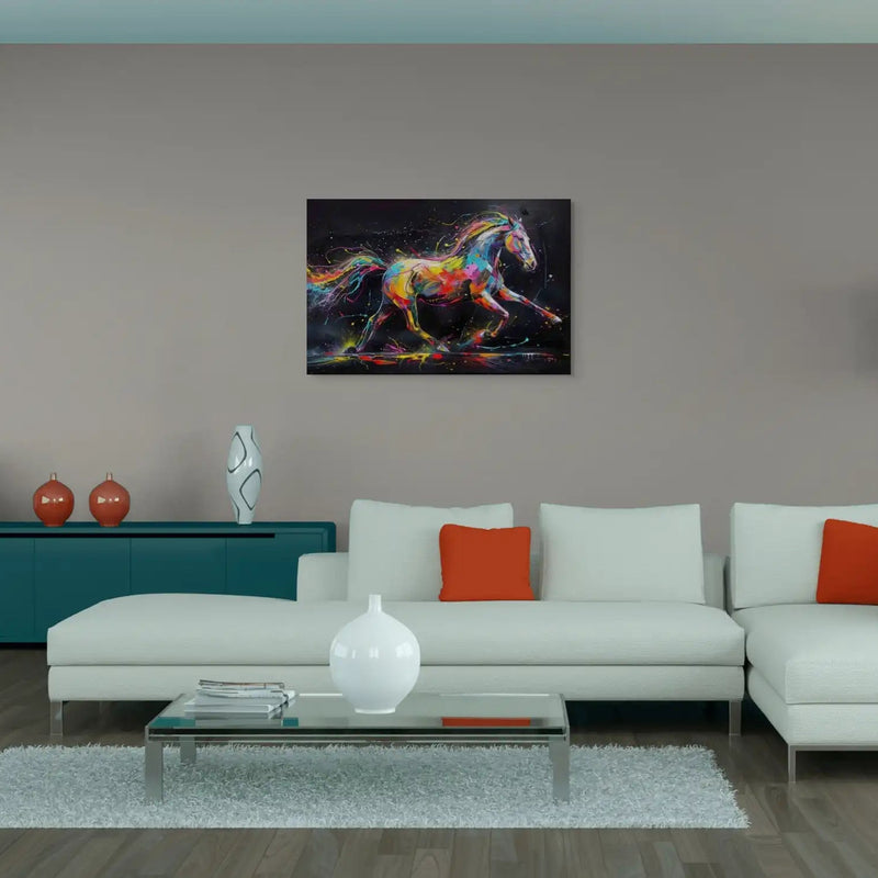 Tableau cheval pop art multicolore sur fond noir dans un salon clair