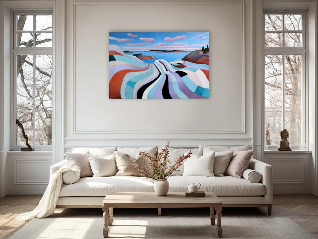 Tableau Fjord Pastel – rubans turquoise et corail au-delà des flots arctiques