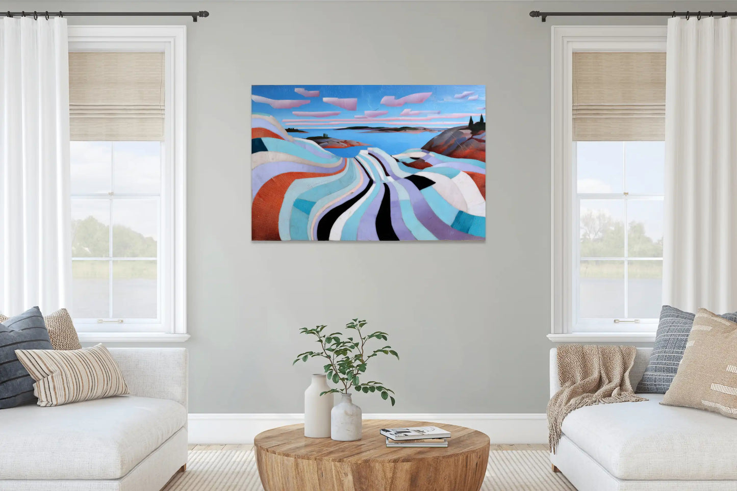 Tableau Fjord Pastel – rubans turquoise et corail au-delà des flots arctiques