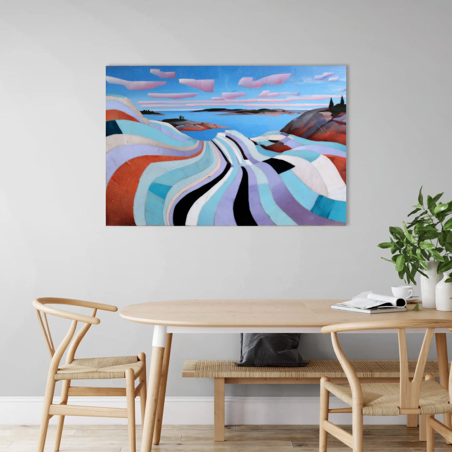 Tableau Fjord Pastel – rubans turquoise et corail au-delà des flots arctiques