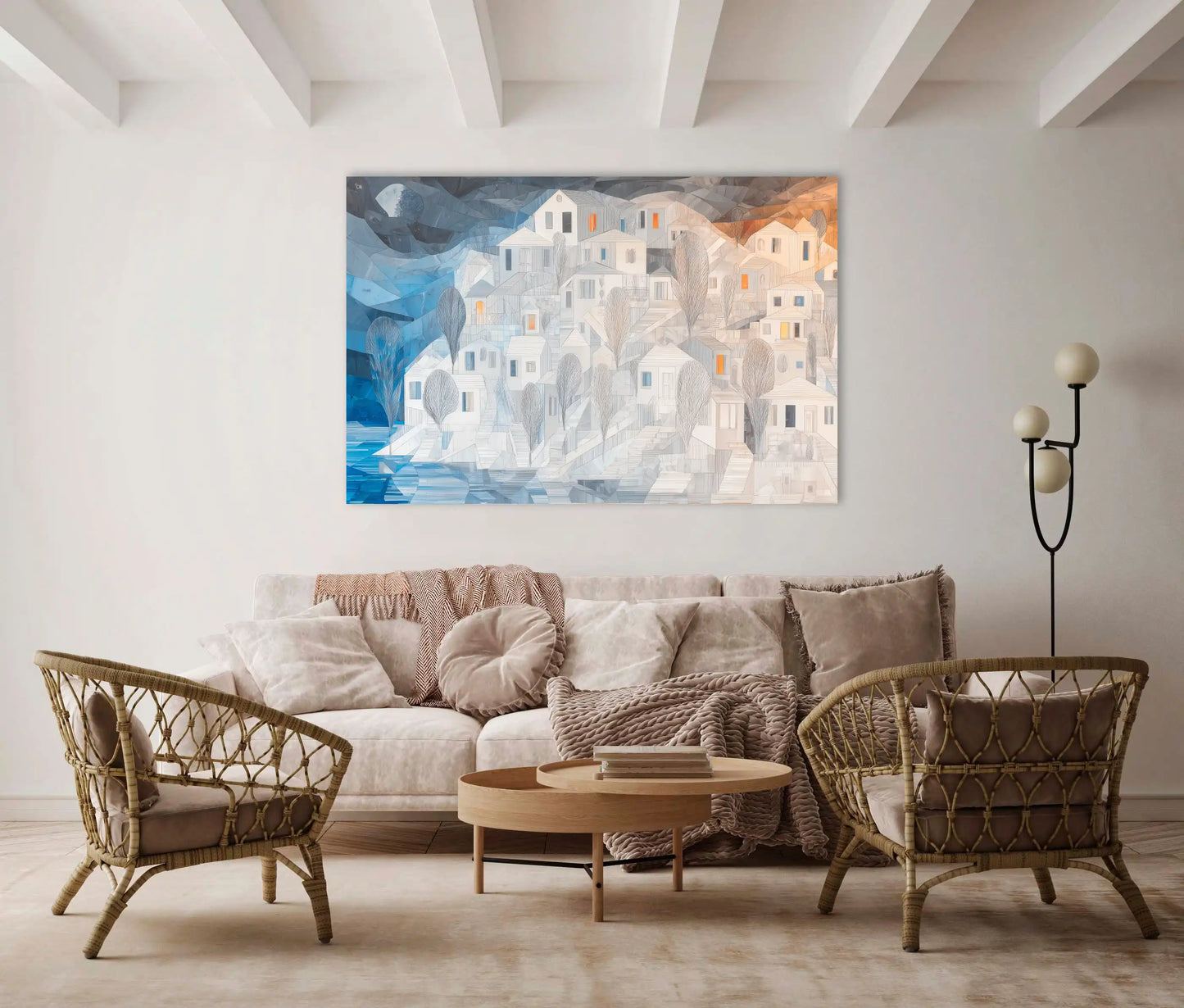 Tableau Village blanc sous la lune arctique