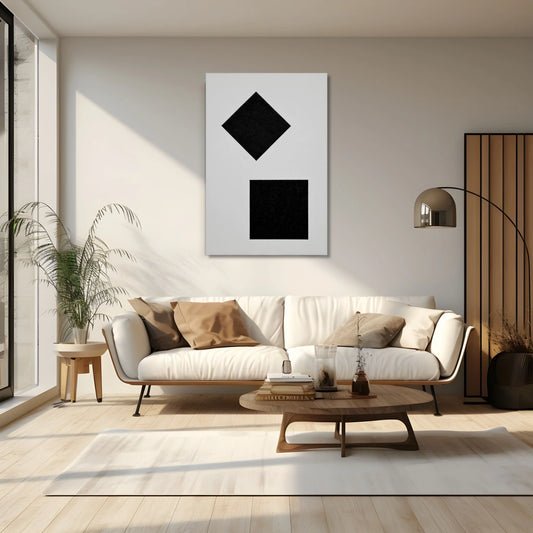 Tableau Minimaliste Suprématisme Noir sur Fond Blanc