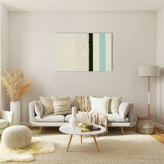 Tableau Minimaliste à Bandes Verticales en Vert et Bleu Pastel