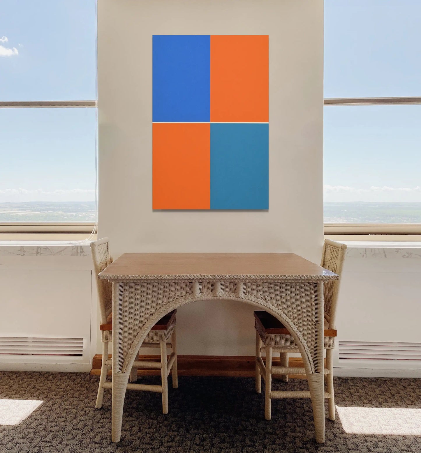 Tableau Minimaliste a Quadrants Géométriques Orange et Bleu