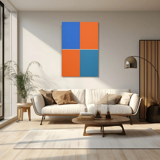 Tableau Minimaliste a Quadrants Géométriques Orange et Bleu