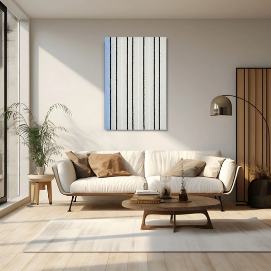Tableau Minimaliste à Rayures Verticales 2 - Noires et Bordure Bleue