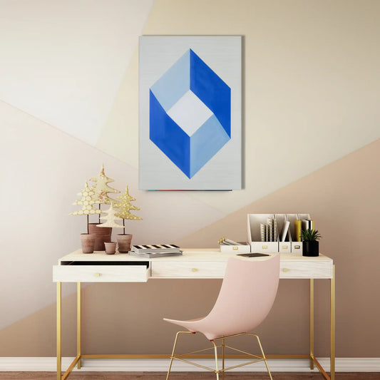 Tableau Minimaliste au Cube Géométrique en Bleu et Blanc