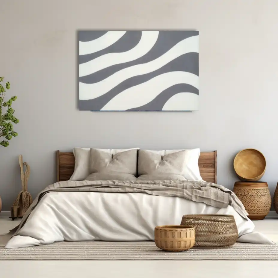Tableau Vagues Géométriques Minimaliste en Gris et Blanc