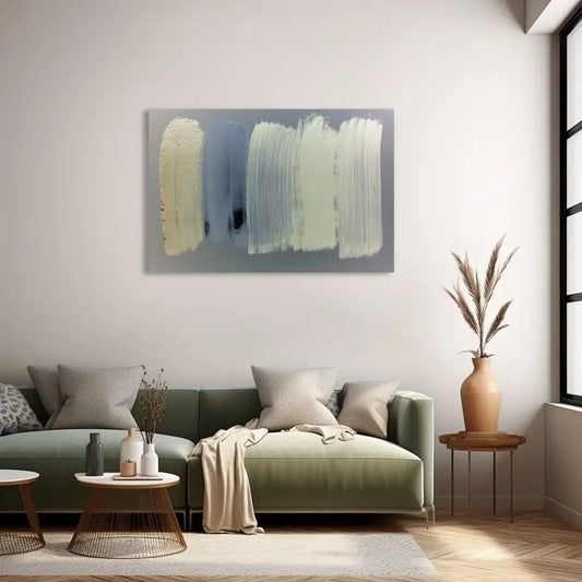 Tableau Minimaliste aux Pinceaux Verticaux – Blanc Crème et Lavande Douce