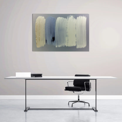 Tableau Minimaliste aux Pinceaux Verticaux – Blanc Crème et Lavande Douce