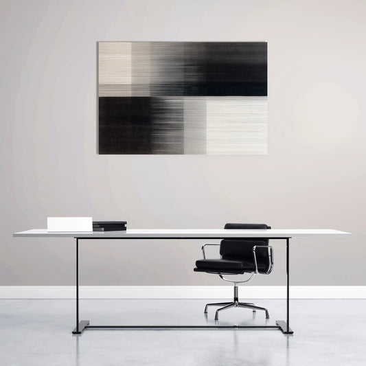 Tableau Minimaliste en Dégradé Noir et Blanc – Lignes d’Ombre, Rythmes de Lumière