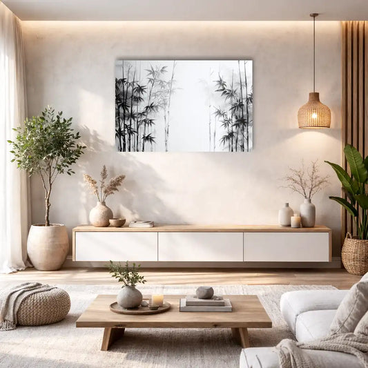 Tableau Peinture Blanc et Bambou