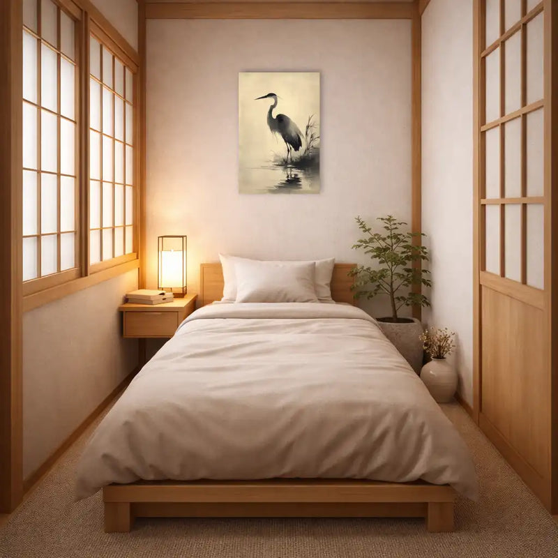Sumi-e inspired heron canvas print on a light ground