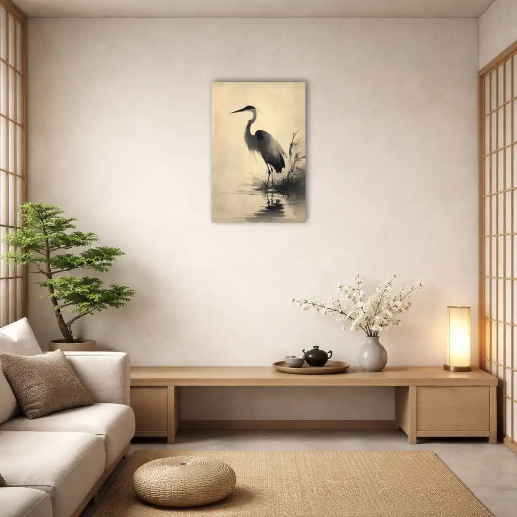 Sumi-e Reiher – Stille Natur und natürliche Wachsamkeit – Leinwand