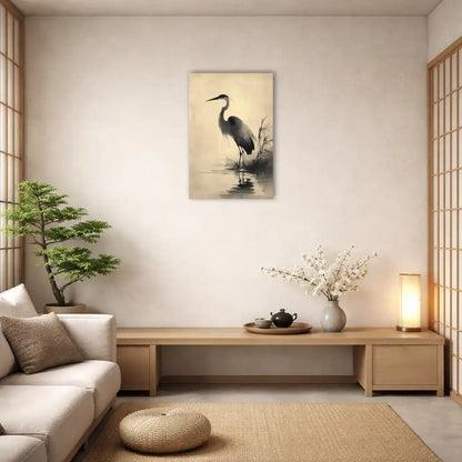 Sumi-e Reiher – Stille Natur und natürliche Wachsamkeit – Leinwand