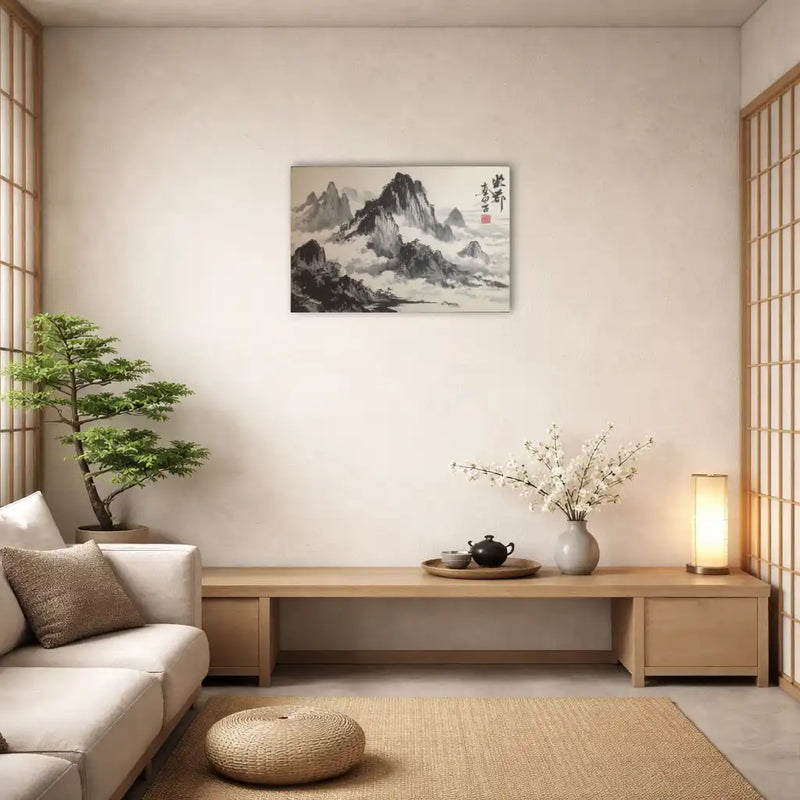 Sumi-e inspired misty mountain landscape canvas print