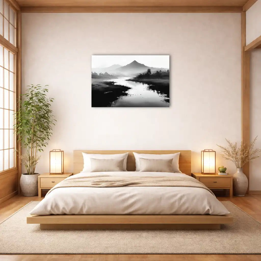 sumi e paysage tableau noir et blanc japonais riviere serpente brume montagnes horizon contemplatif chambre zen