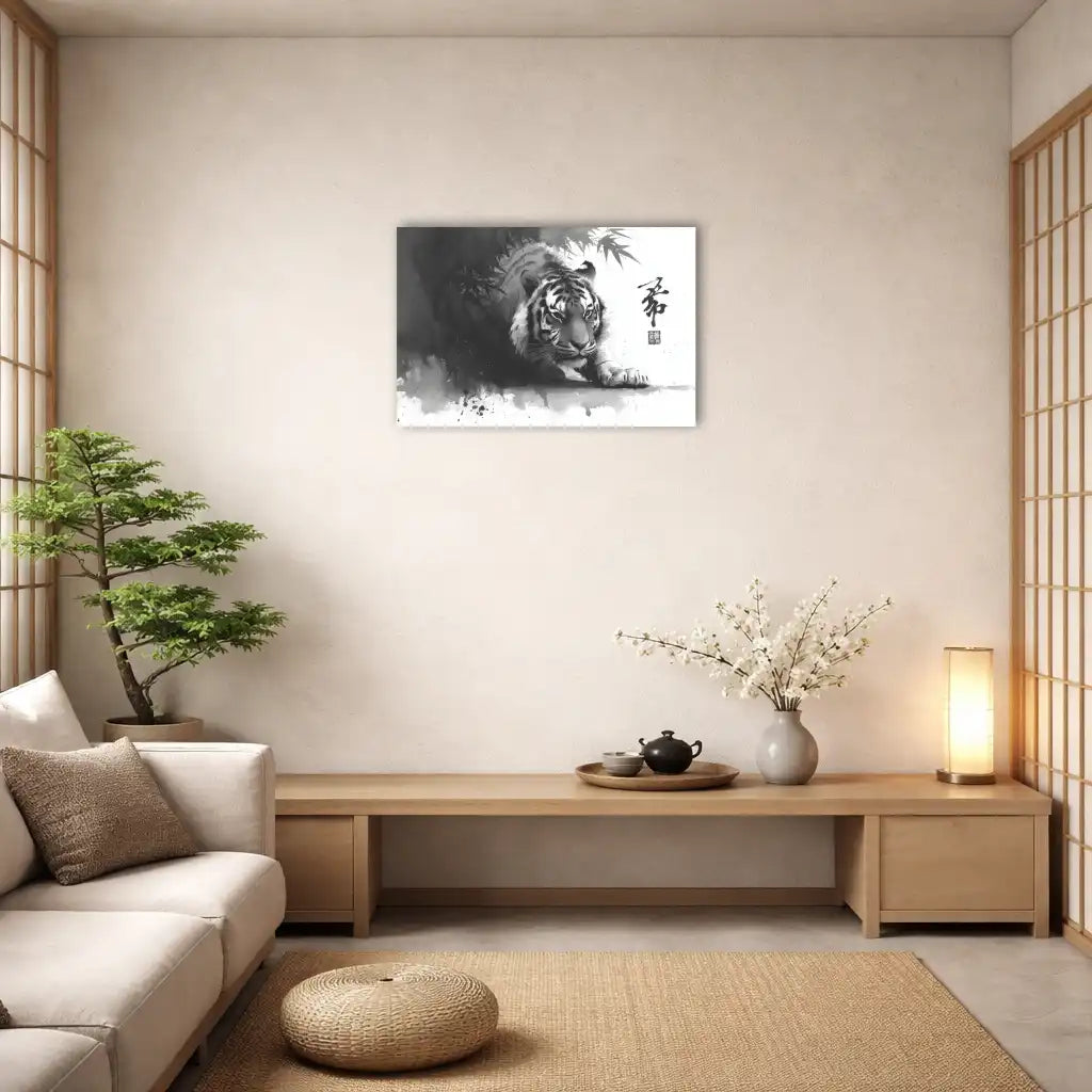 sumi e tigre tableau noir et blanc style japonais tigre émergeant de l'ombre et du feuillage regard intense