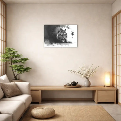 sumi e tigre tableau noir et blanc style japonais tigre émergeant de l'ombre et du feuillage regard intense