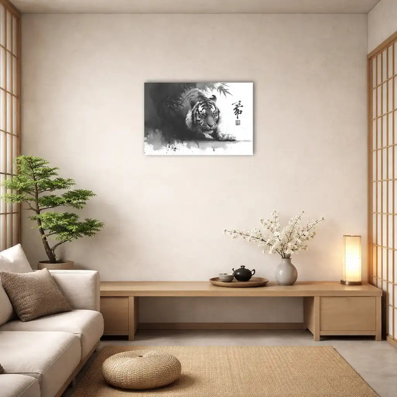 Sumi-e-inspired tiger portrait on canvas