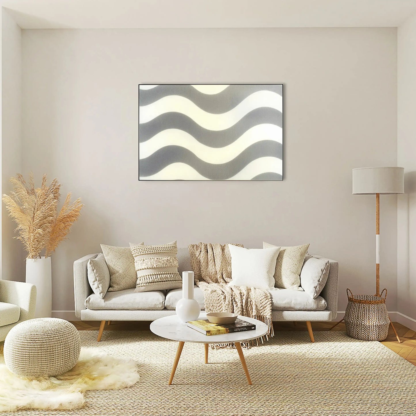 Tableau Vagues Géométriques Minimaliste en Gris et Blanc
