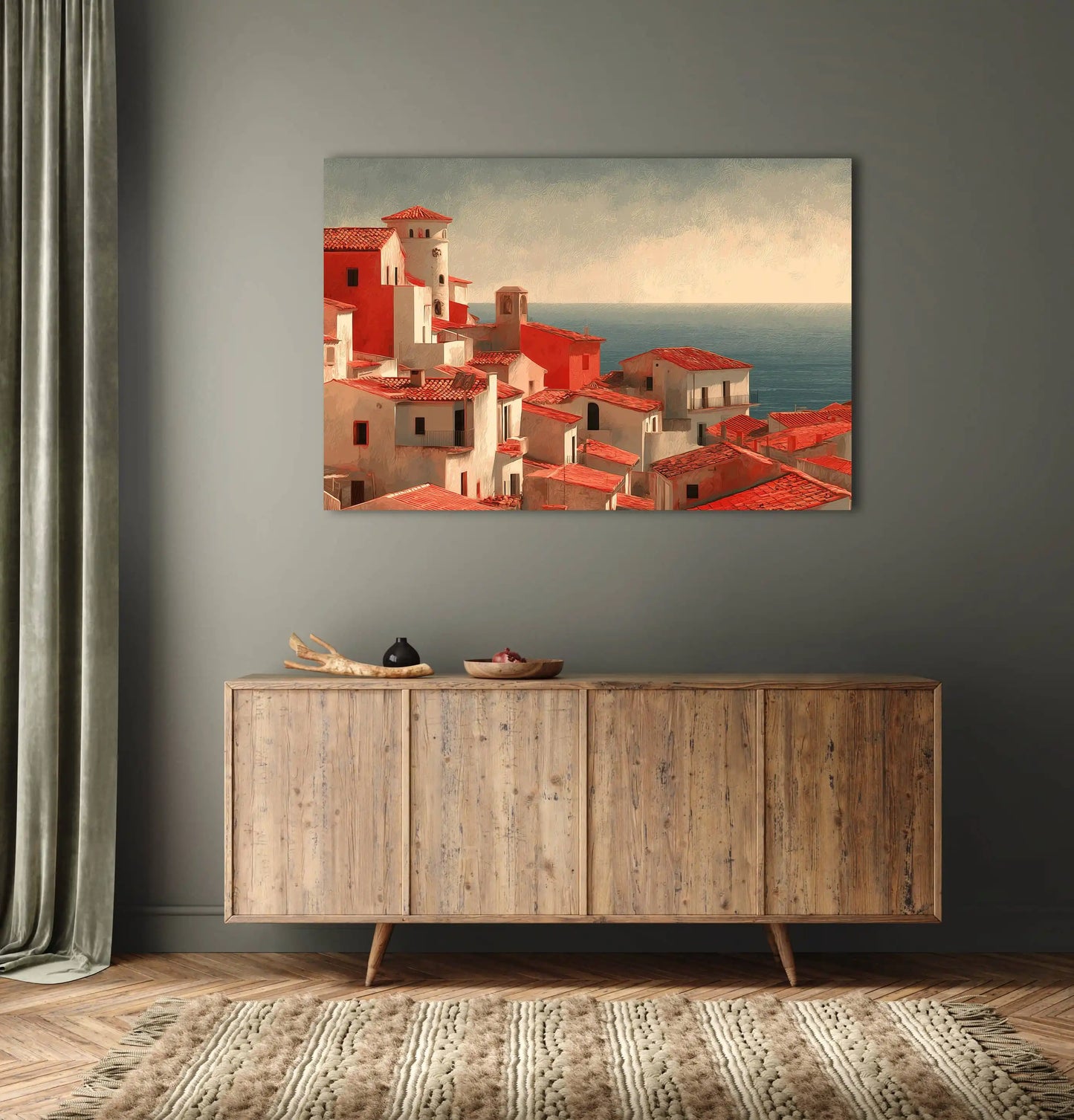 Tableau Village Mediterraneen aux Toits de Terre Cuite