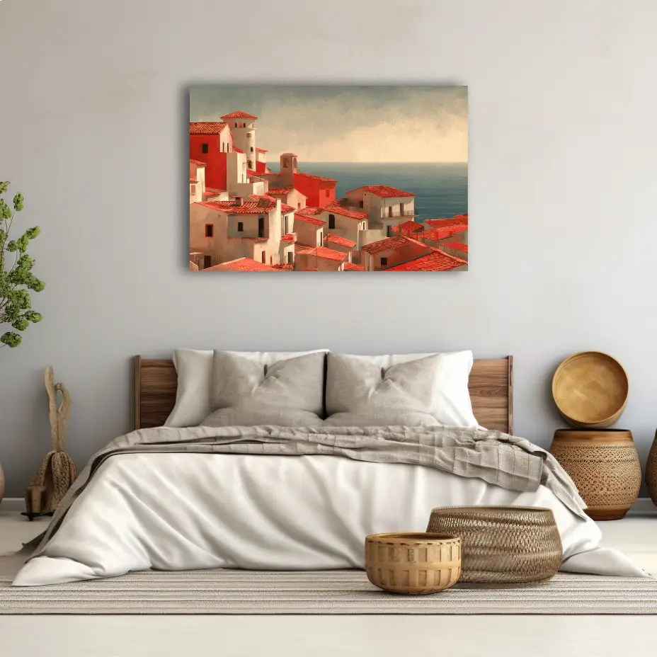 Tableau Village Mediterraneen aux Toits de Terre Cuite
